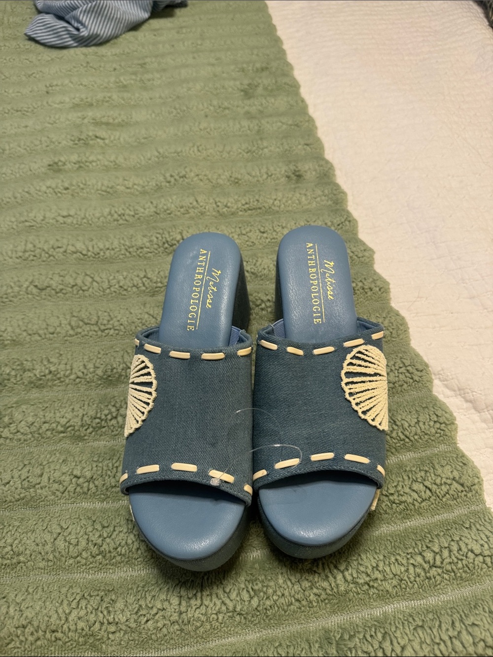 NWOT Anthropologie Blue Canvas Embroidered Shell Mule Slides/heels - Picture 7 of 11